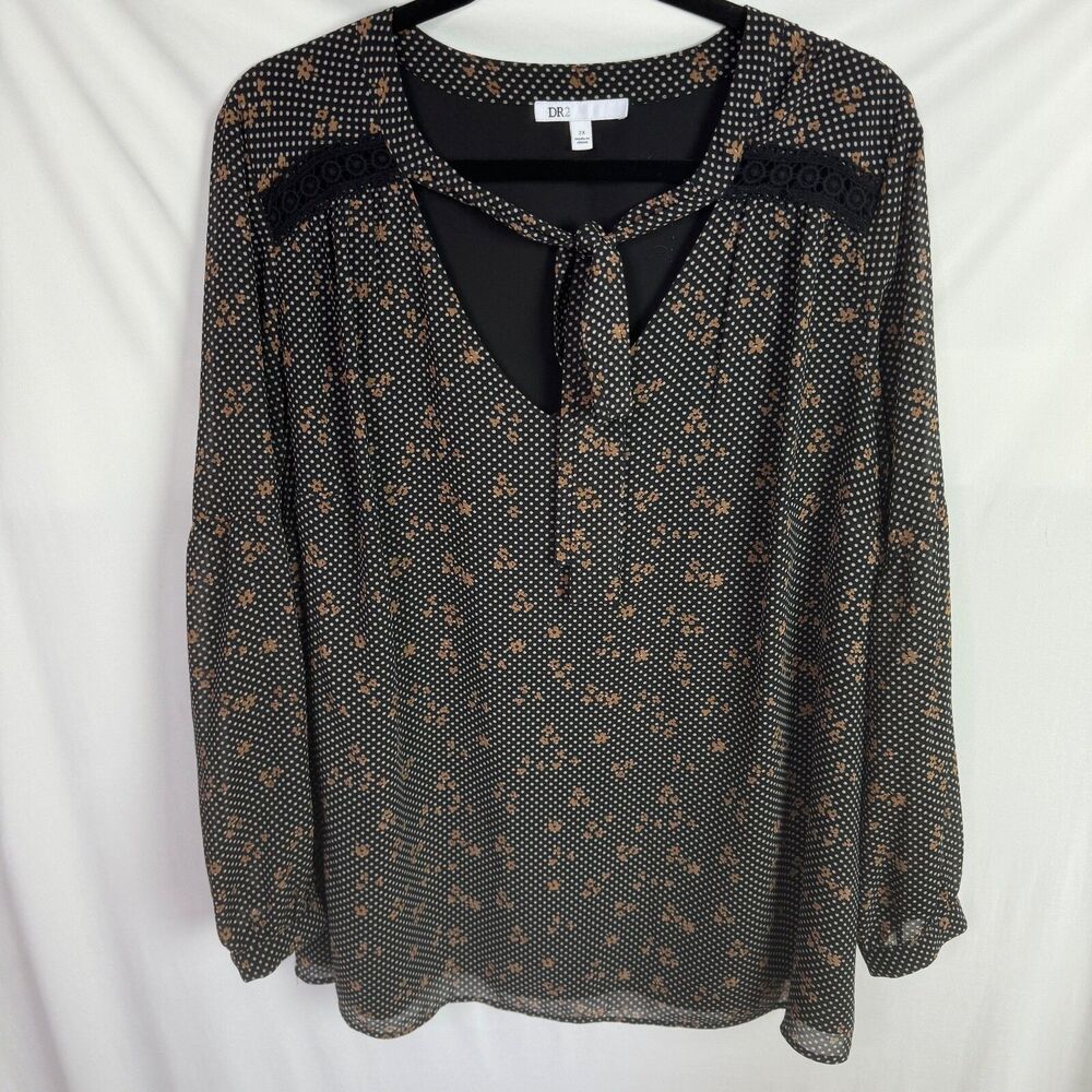 Dr2 Women's Blouse Top Size 2X Black Dot Flower Print Tie Neck Long Sleeves